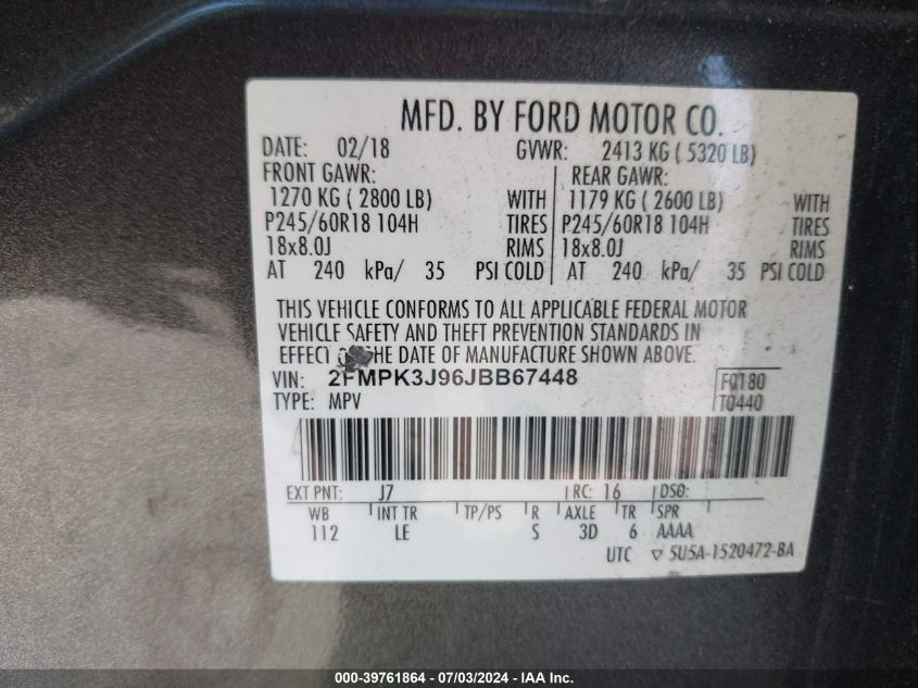 2018 Ford Edge Sel VIN: 2FMPK3J96JBB67448 Lot: 39761864