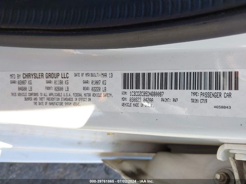 2013 Dodge Avenger Sxt VIN: 1C3CDZCB5DN680087 Lot: 39761865