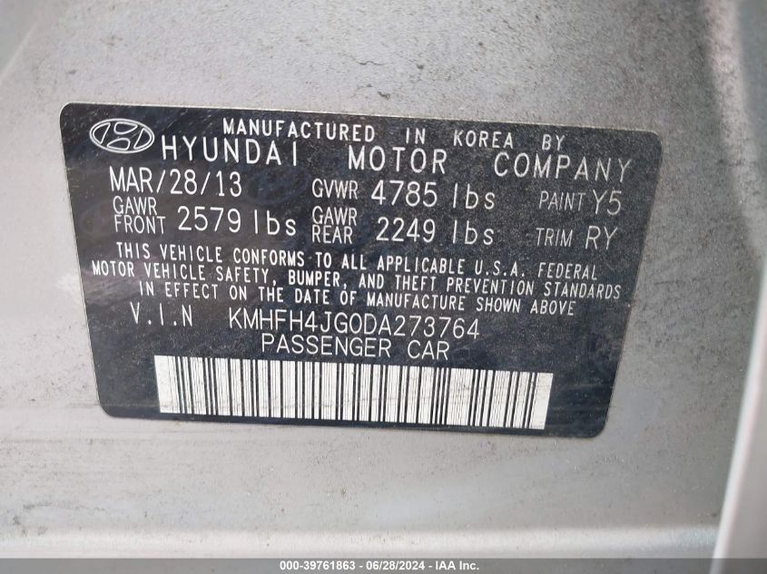 2013 Hyundai Azera VIN: KMHFH4JG0DA273764 Lot: 39761863