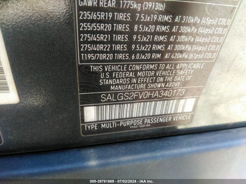 2017 Land Rover Range Rover 3.0L V6 Supercharged Hse VIN: SALGS2FV0HA340173 Lot: 39761869