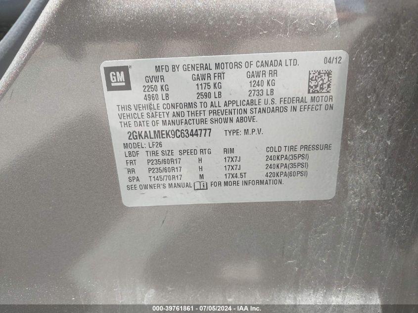 2012 GMC Terrain Sle-1 VIN: 2GKALMEK9C6344777 Lot: 39761861