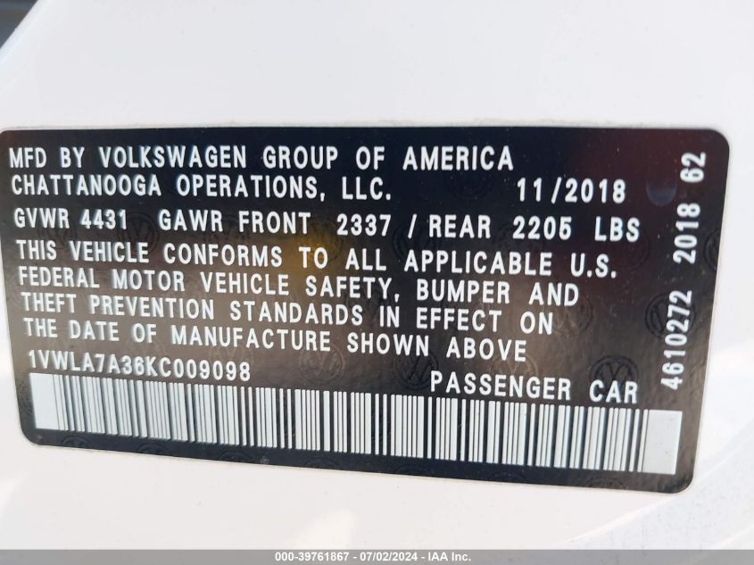 2019 Volkswagen Passat 2.0T Wolfsburg Edition VIN: 1VWLA7A36KC009098 Lot: 39761867