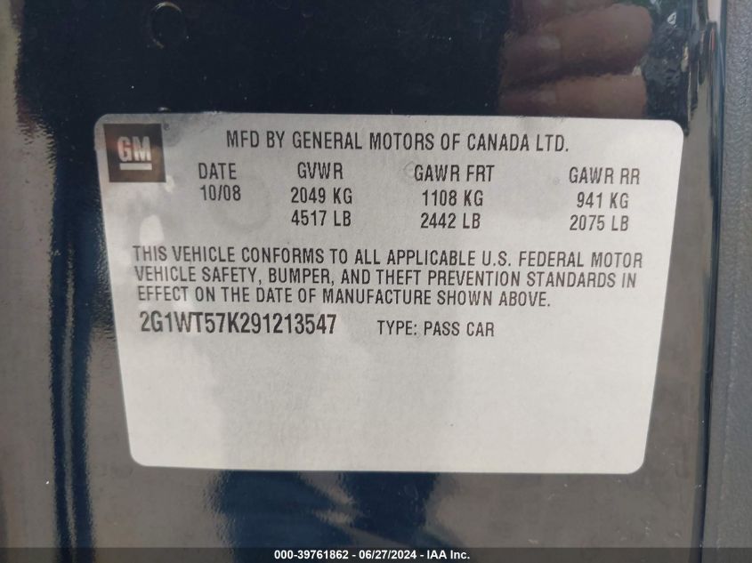 2009 Chevrolet Impala Lt VIN: 2G1WT57K291213547 Lot: 39761862