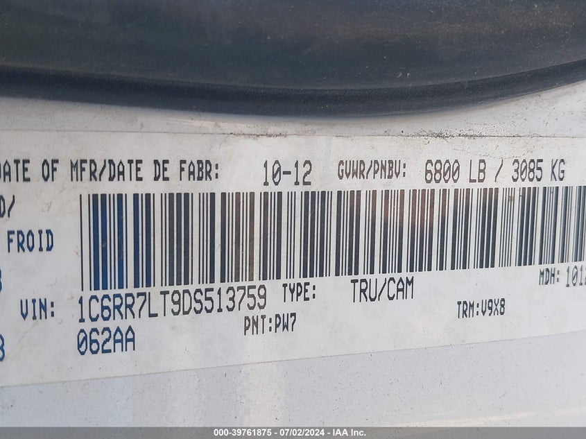 2013 Ram 1500 Slt VIN: 1C6RR7LT9DS513759 Lot: 39761875