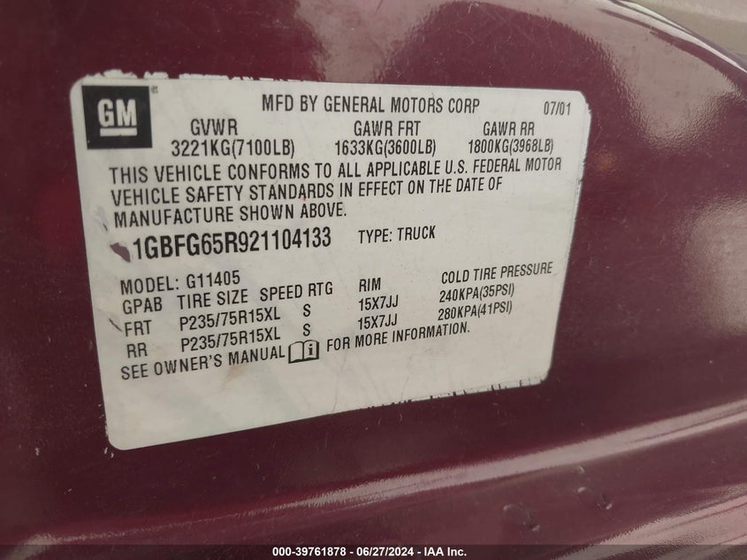 2002 Chevrolet Express Lt VIN: 1GBFG65R921104133 Lot: 39761878