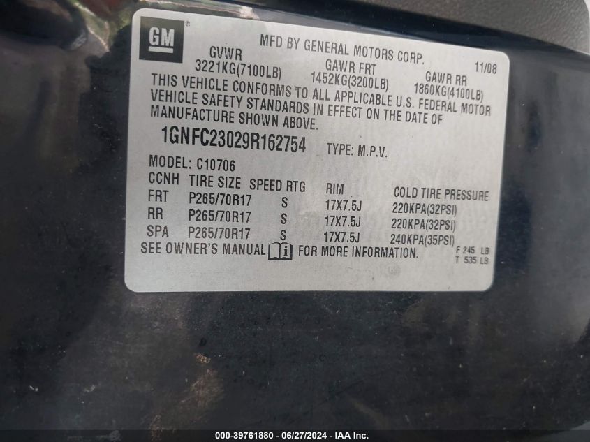 2009 Chevrolet Tahoe Lt2 VIN: 1GNFC23029R162754 Lot: 39761880