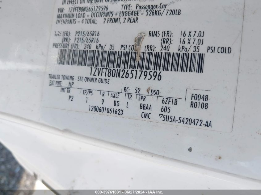 2006 Ford Mustang V6 VIN: 1ZVFT80N265179596 Lot: 39761881