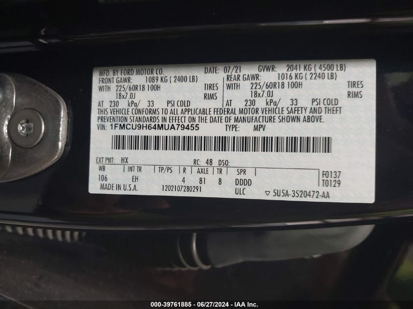 2021 Ford Escape Sel VIN: 1FMCU9H64MUA79455 Lot: 39761885