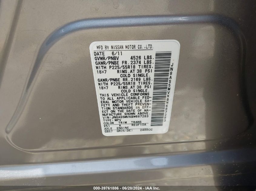 2011 Nissan Rogue Sv VIN: JN8AS5MVXBW687283 Lot: 39761886