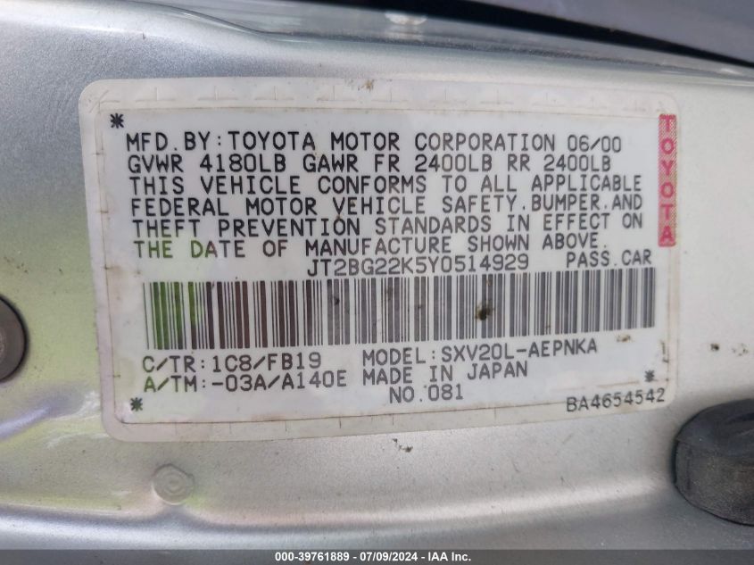 JT2BG22K5Y0514929 2000 Toyota Camry Le