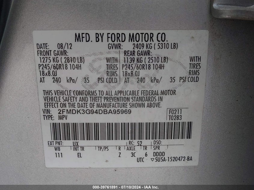 2013 Ford Edge Se VIN: 2FMDK3G94DBA95969 Lot: 39761891