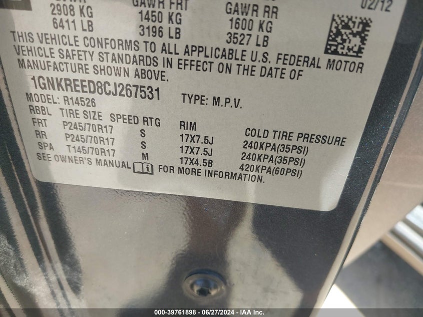 2012 Chevrolet Traverse Ls VIN: 1GNKREED8CJ267531 Lot: 39761898