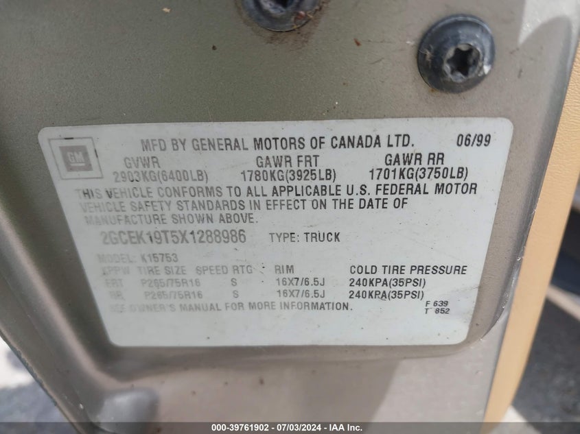 1999 Chevrolet Silverado 1500 Ls VIN: 2GCEK19T5X1288986 Lot: 39761902
