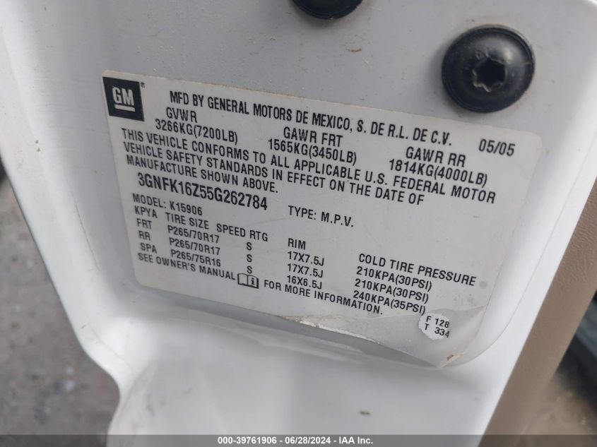 2005 Chevrolet Suburban 1500 Z71 VIN: 3GNFK16Z55G262784 Lot: 39761906