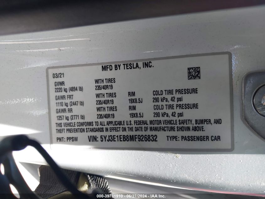 2021 Tesla Model 3 Long Range Dual Motor All-Wheel Drive VIN: 5YJ3E1EB8MF926832 Lot: 39761910