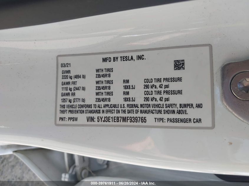 2021 Tesla Model 3 Long Range Dual Motor All-Wheel Drive VIN: 5YJ3E1EB7MF939765 Lot: 39761911