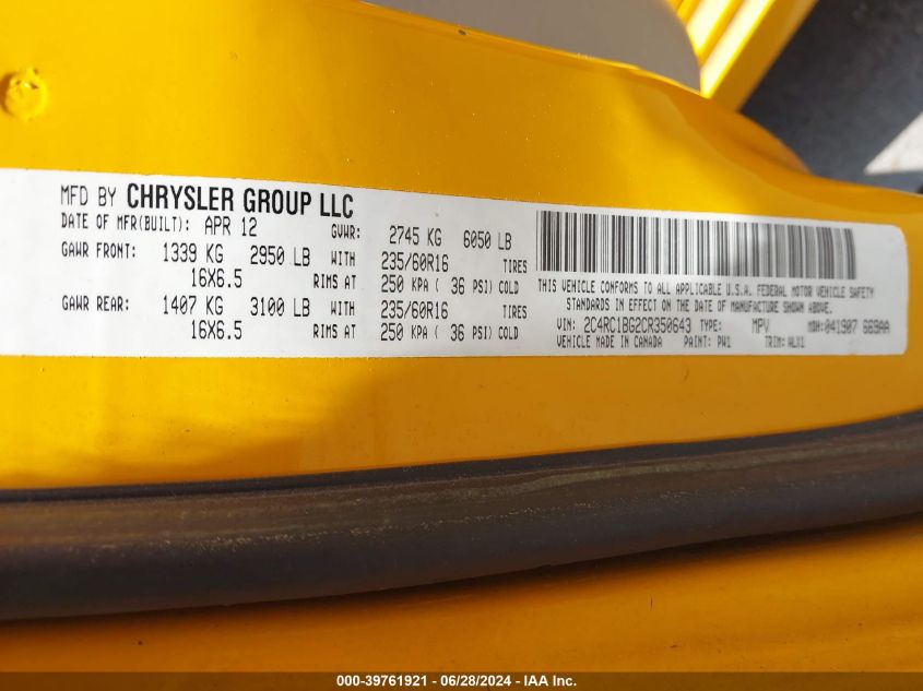 2012 Chrysler Town & Country Touring VIN: 2C4RC1BG2CR350643 Lot: 39761921