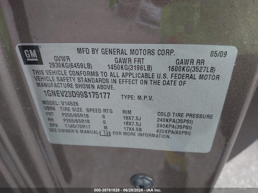 2009 Chevrolet Traverse Lt VIN: 1GNEV23D99S175177 Lot: 39761928