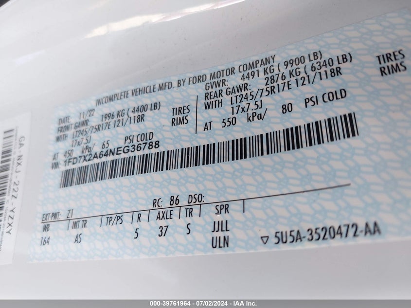 2022 Ford F-250 VIN: 1FD7X2A64NEG36788 Lot: 39761964