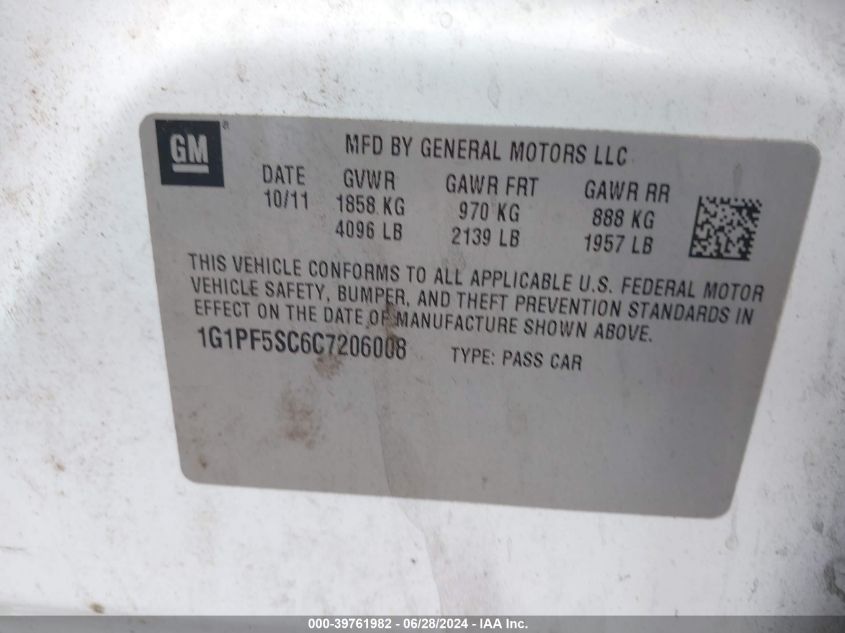 2012 Chevrolet Cruze 1Lt VIN: 1G1PF5SC6C7206008 Lot: 39761982