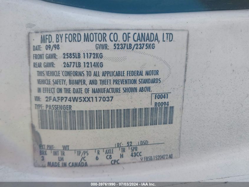 1999 Ford Crown Victoria Lx VIN: 2FAFP74W5XX117037 Lot: 39761990