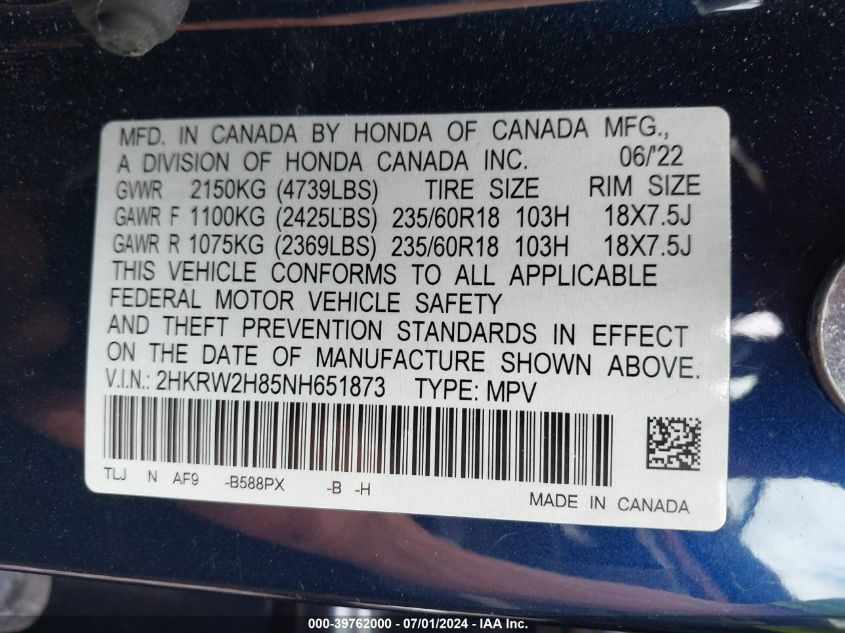 2022 Honda Cr-V Awd Ex-L VIN: 2HKRW2H85NH651873 Lot: 39762000