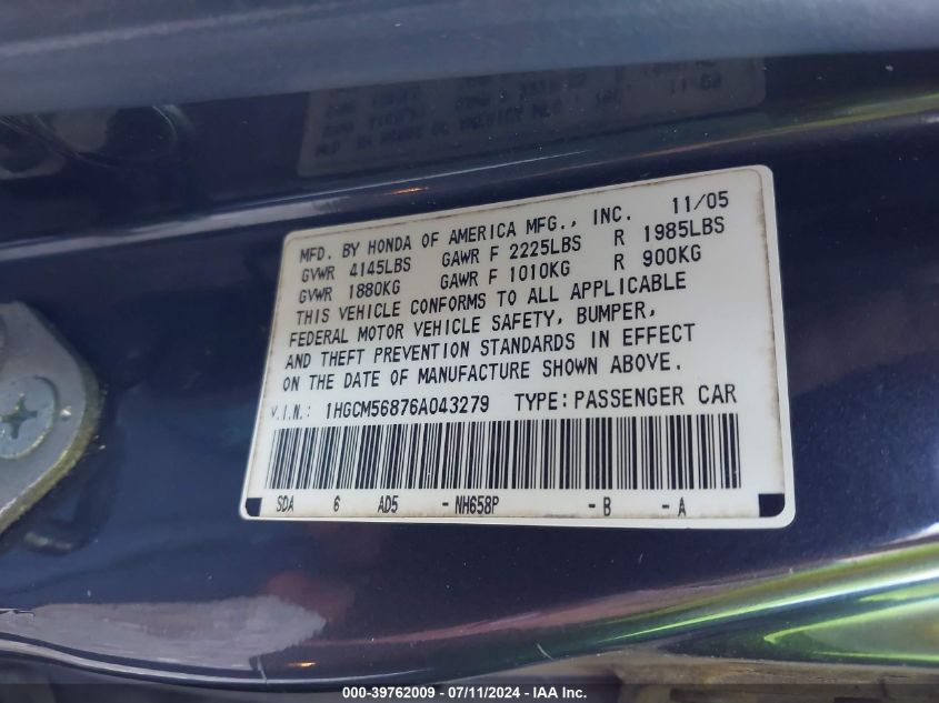 2006 Honda Accord 2.4 Ex VIN: 1HGCM56876A043279 Lot: 39762009