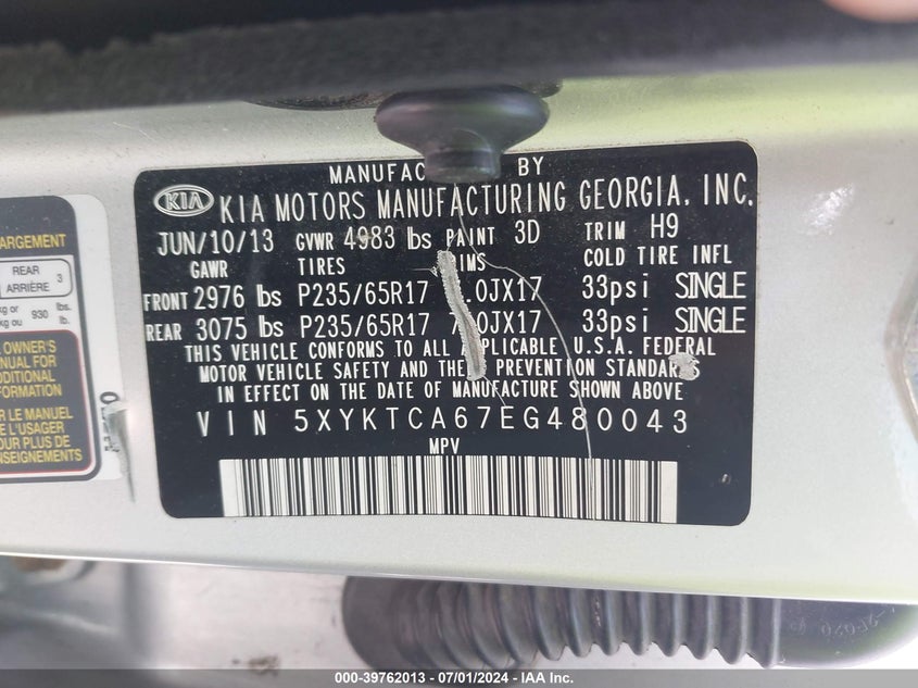 2014 Kia Sorento Lx VIN: 5XYKTCA67EG480043 Lot: 39762013