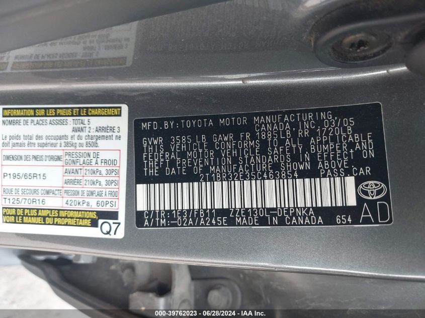 2005 Toyota Corolla Le VIN: 2T1BR32E35C463854 Lot: 39762023