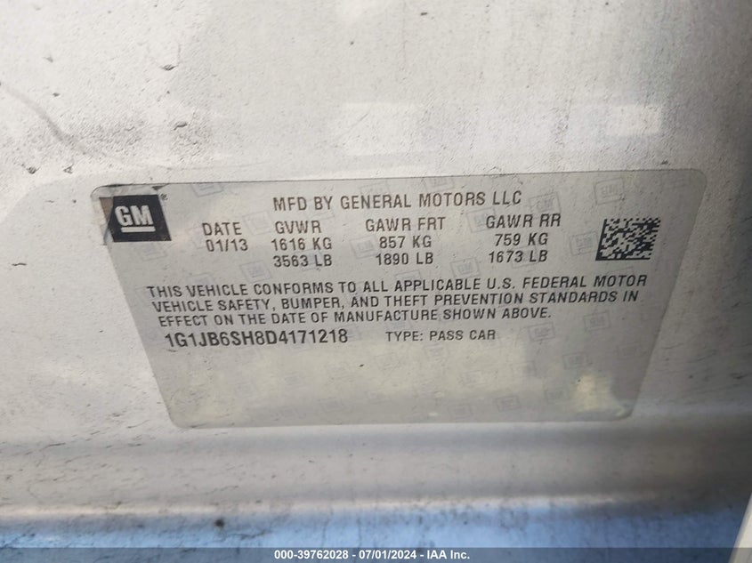 2013 Chevrolet Sonic Ls Manual VIN: 1G1JB6SH8D4171218 Lot: 39762028