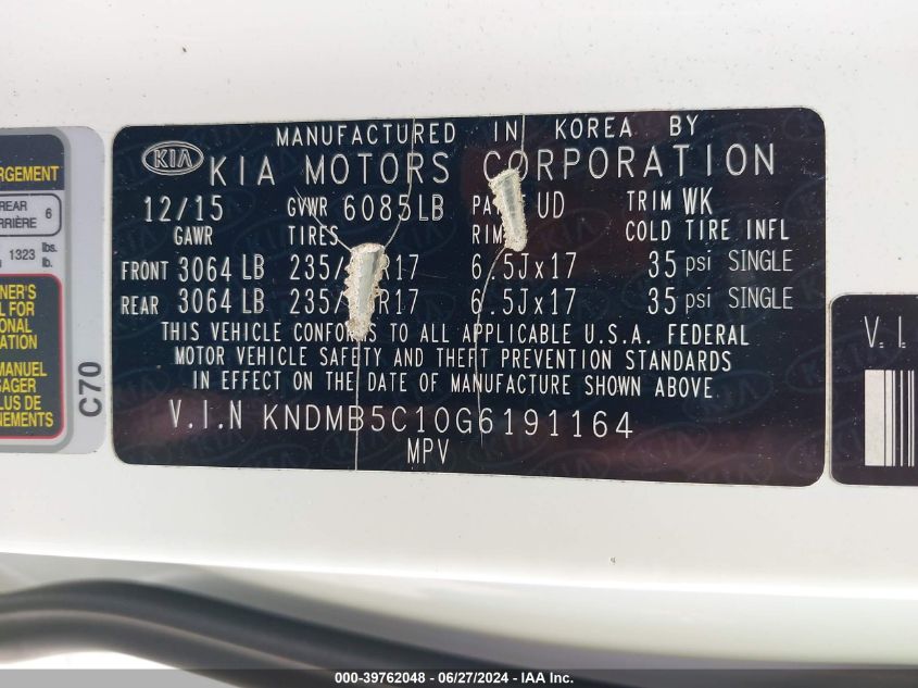 2016 Kia Sedona Lx VIN: KNDMB5C10G6191164 Lot: 39762048