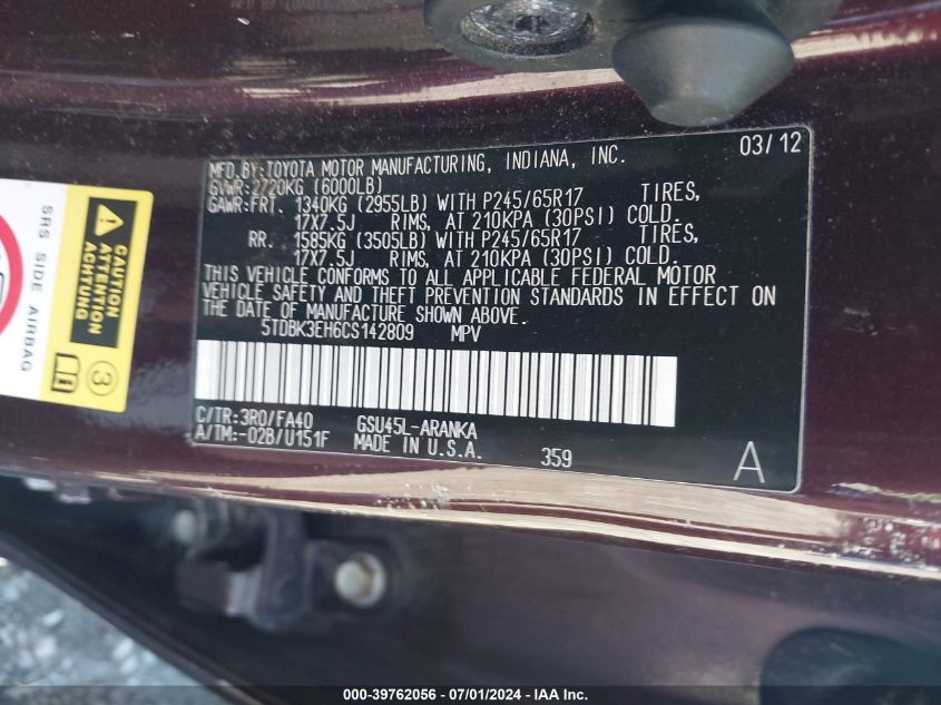 5TDBK3EH6CS142809 2012 Toyota Highlander Base V6