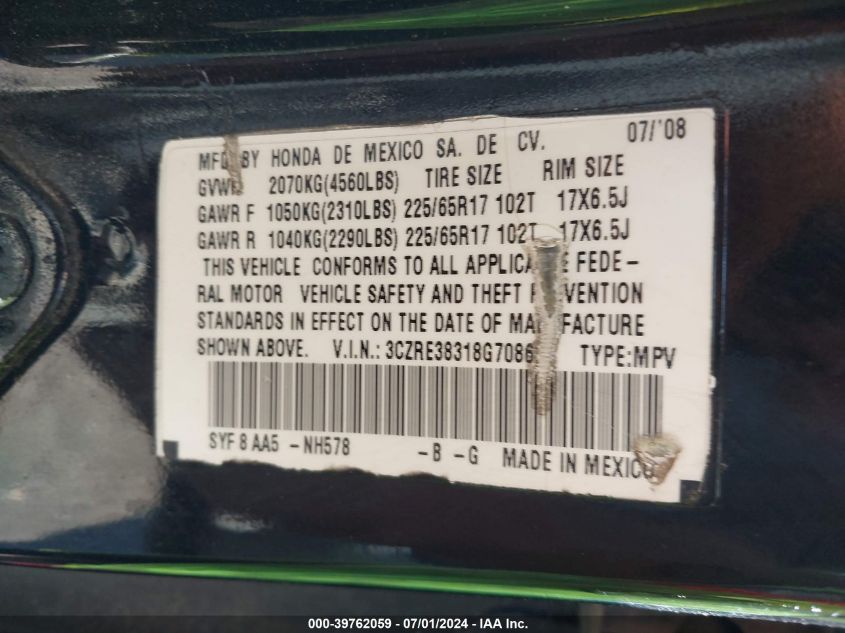 2008 Honda Cr-V Lx VIN: 3CZRE38318G708638 Lot: 39762059