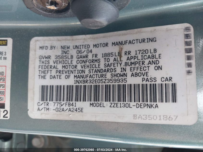 2005 Toyota Corolla Le VIN: 1NXBR32E05Z359935 Lot: 39762060