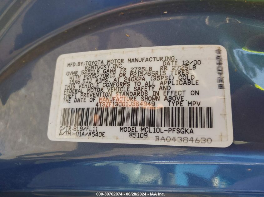 2001 Toyota Sienna Xle VIN: 4T3ZF13C01U364949 Lot: 39762074