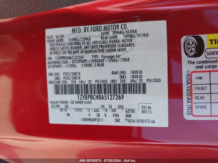 2010 Ford Mustang Gt/Gt Premium VIN: 1ZVBP8CH0A5127269 Lot: 39762075