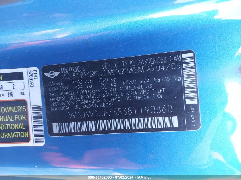 2008 Mini Cooper S VIN: WMWMF73538TT90860 Lot: 39762093