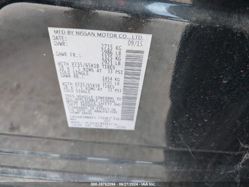 2015 Nissan Pathfinder S VIN: 5N1AR2MN6FC708736 Lot: 39762094