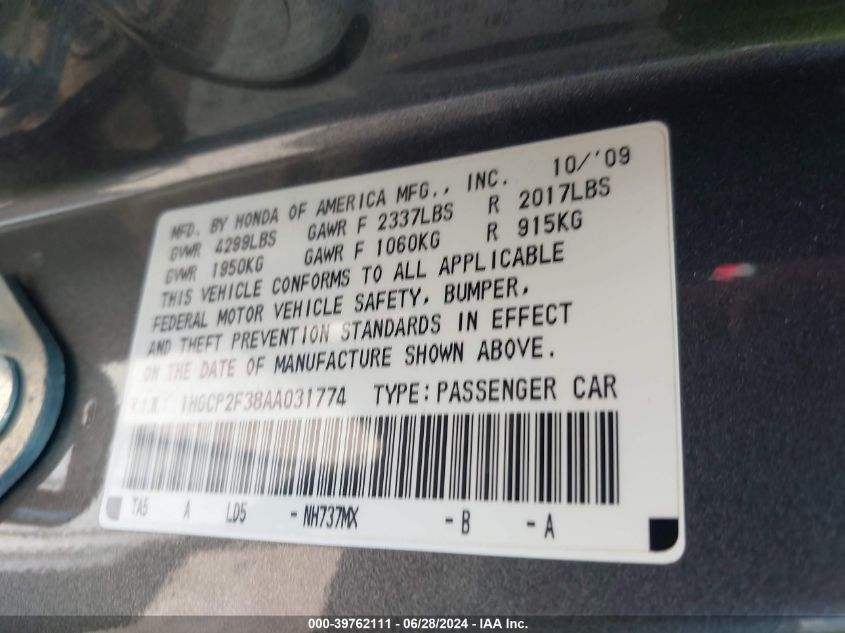 2010 Honda Accord 2.4 Lx VIN: 1HGCP2F38AA031774 Lot: 39762111