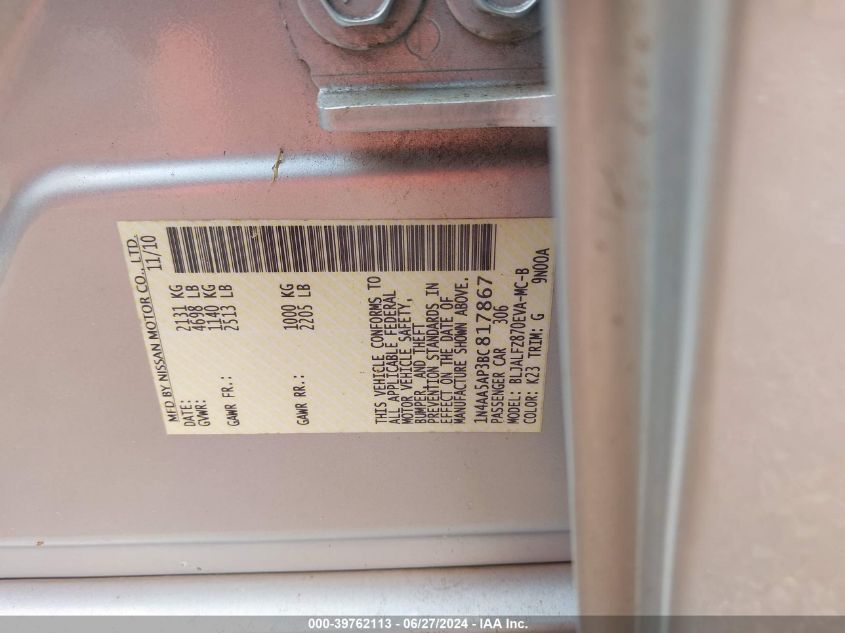 2011 Nissan Maxima 3.5 Sv VIN: 1N4AA5AP3BC817867 Lot: 39762113