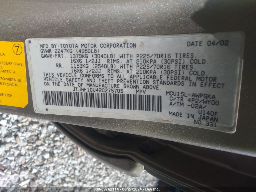 2002 Lexus Rx 300 VIN: JTJHF10U420275705 Lot: 39762114