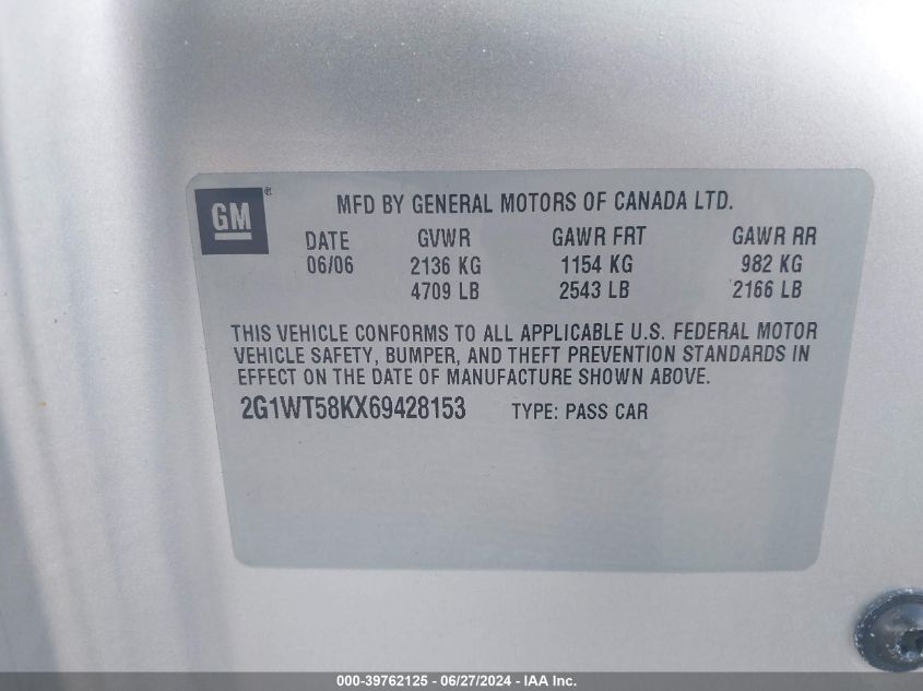 2006 Chevrolet Impala Lt VIN: 2G1WT58KX69428153 Lot: 39762125