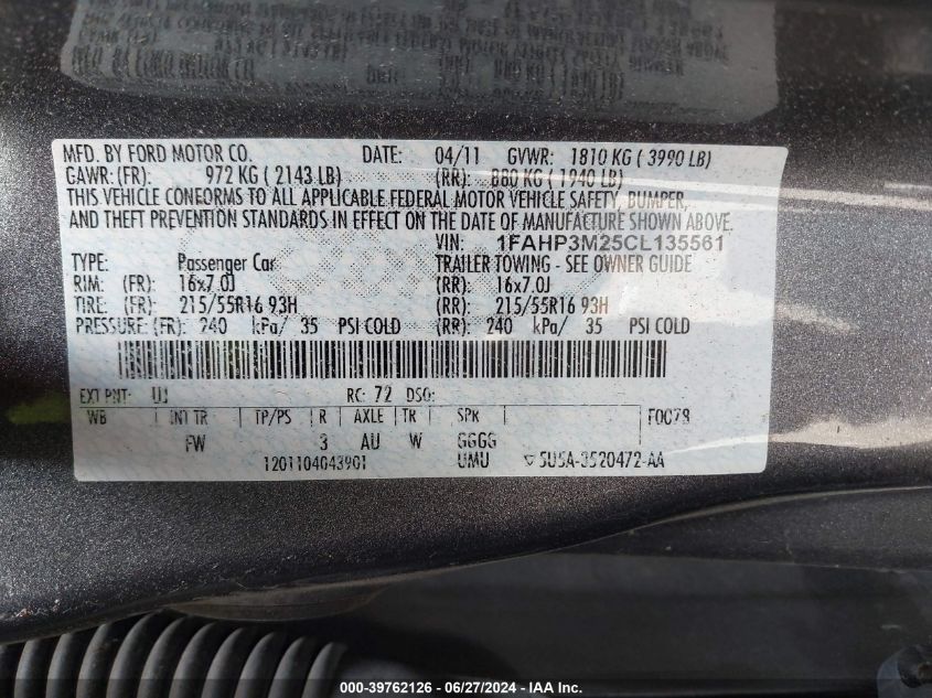 2012 Ford Focus Sel VIN: 1FAHP3M25CL135561 Lot: 39762126