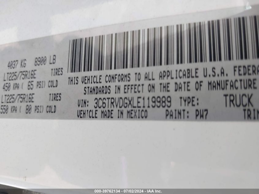 2020 Ram Promaster 2500 High Roof 159 Wb VIN: 3C6TRVDGXLE119989 Lot: 39762134