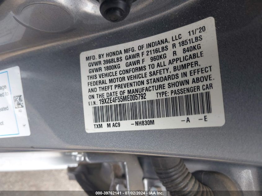 2021 Honda Insight Ex VIN: 19XZE4F55ME005792 Lot: 39762141