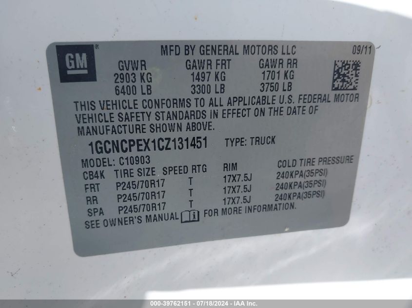 2012 Chevrolet Silverado 1500 Work Truck VIN: 1GCNCPEX1CZ131451 Lot: 39762151