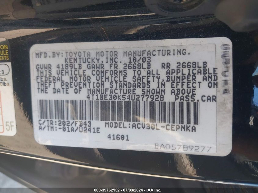 2004 Toyota Camry Le VIN: 4T1BE30K54U277928 Lot: 39762152