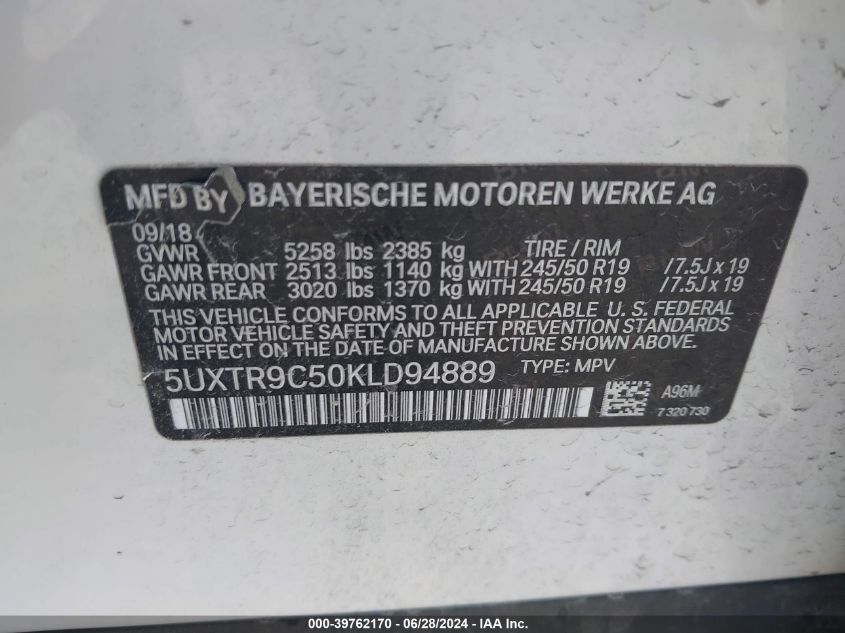 2019 BMW X3 xDrive30I VIN: 5UXTR9C50KLD94889 Lot: 39762170