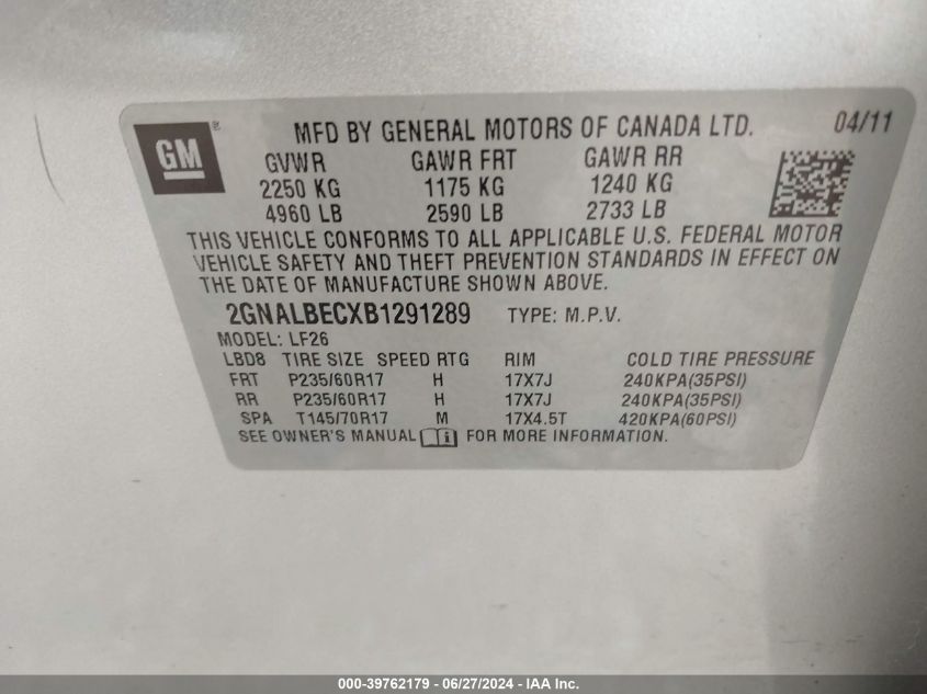 2011 Chevrolet Equinox Ls VIN: 2GNALBECXB1291289 Lot: 39762179