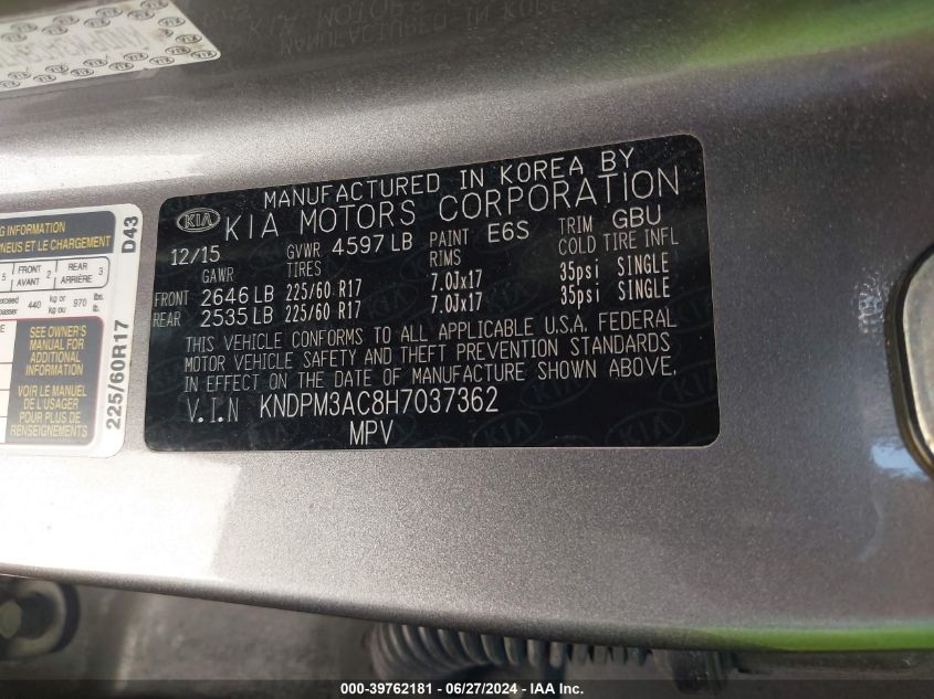 2017 Kia Sportage Lx VIN: KNDPM3AC8H7037362 Lot: 39762181